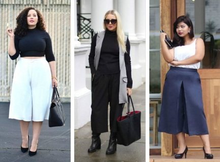 Кюлоты брюки. Фото, с чем носить полным женщинам, с какой обувью, кому идут джинсовые, черные, синие, красные штаны