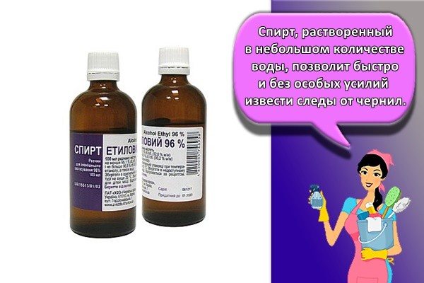 Спирт, растворенный в небольшом количестве воды, позволит быстро и без особых усилий извести следы от чернил